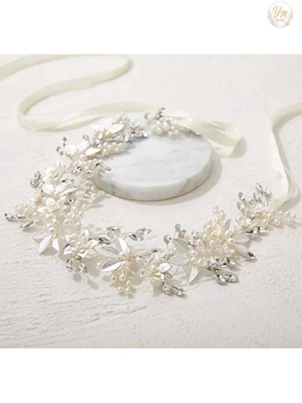 Handmade Rhinestone Pearl Bridal Headband with Flower Leaf Design